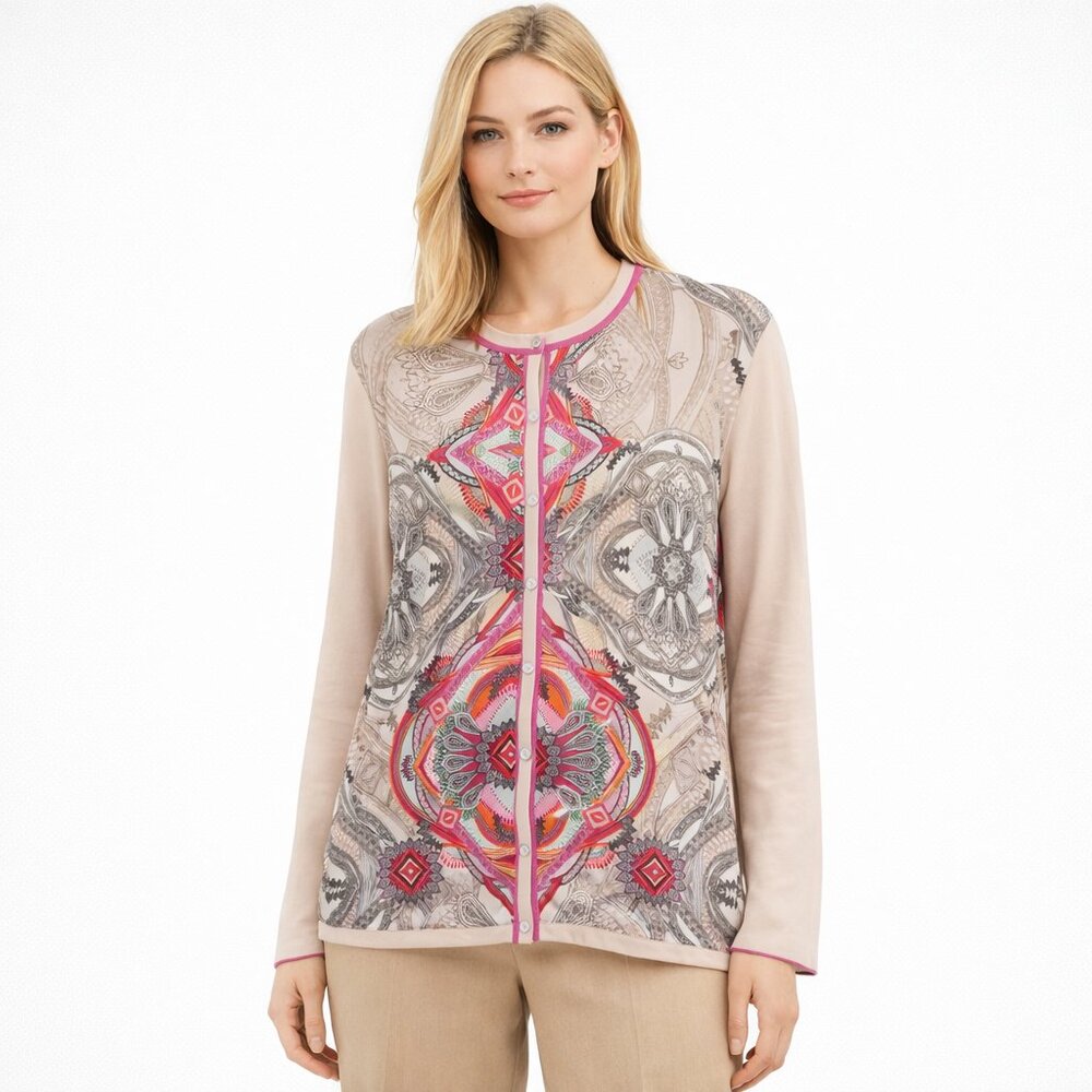 Basler Beige Pink Virgin Wool Button-Front Knit Long Sleeve Cardigan Top Size 10